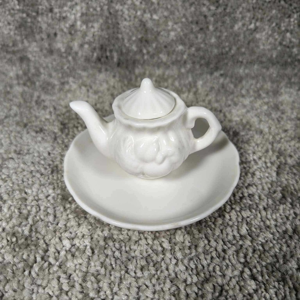 Miniature Teapot and Saucer Set White Embossed Floral Ceramic Decor Cottagecore